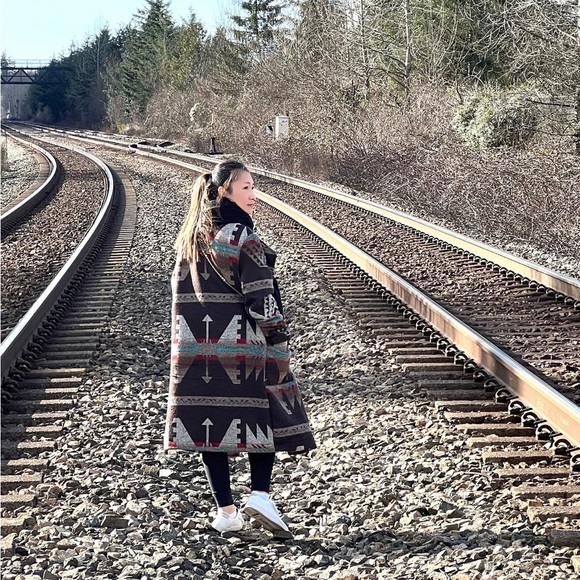 Brown and Blue Trench Coat with Belted Design - indigenous - native - Picture 2 of 4